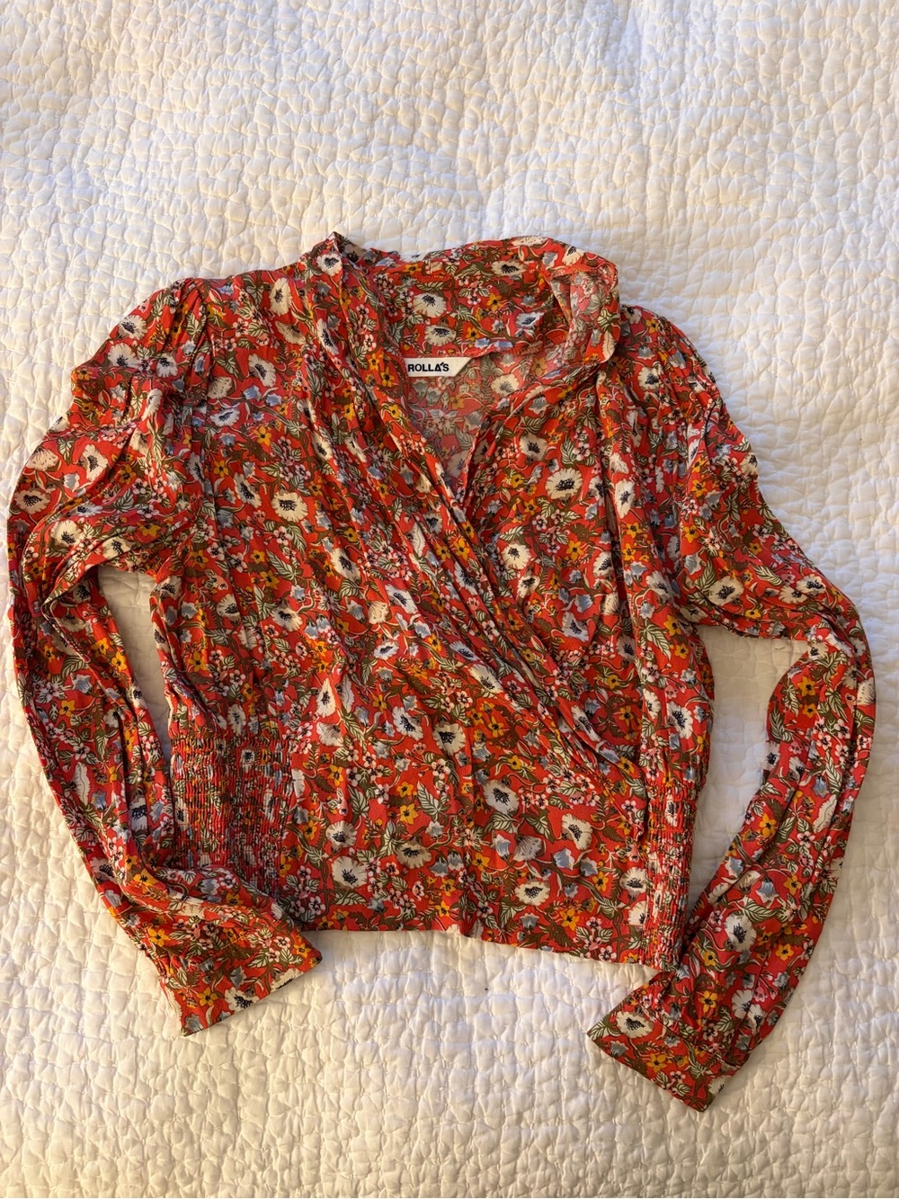 ROLLA'S Red Floral Wrap Blouse with Multi-Color Retro Print